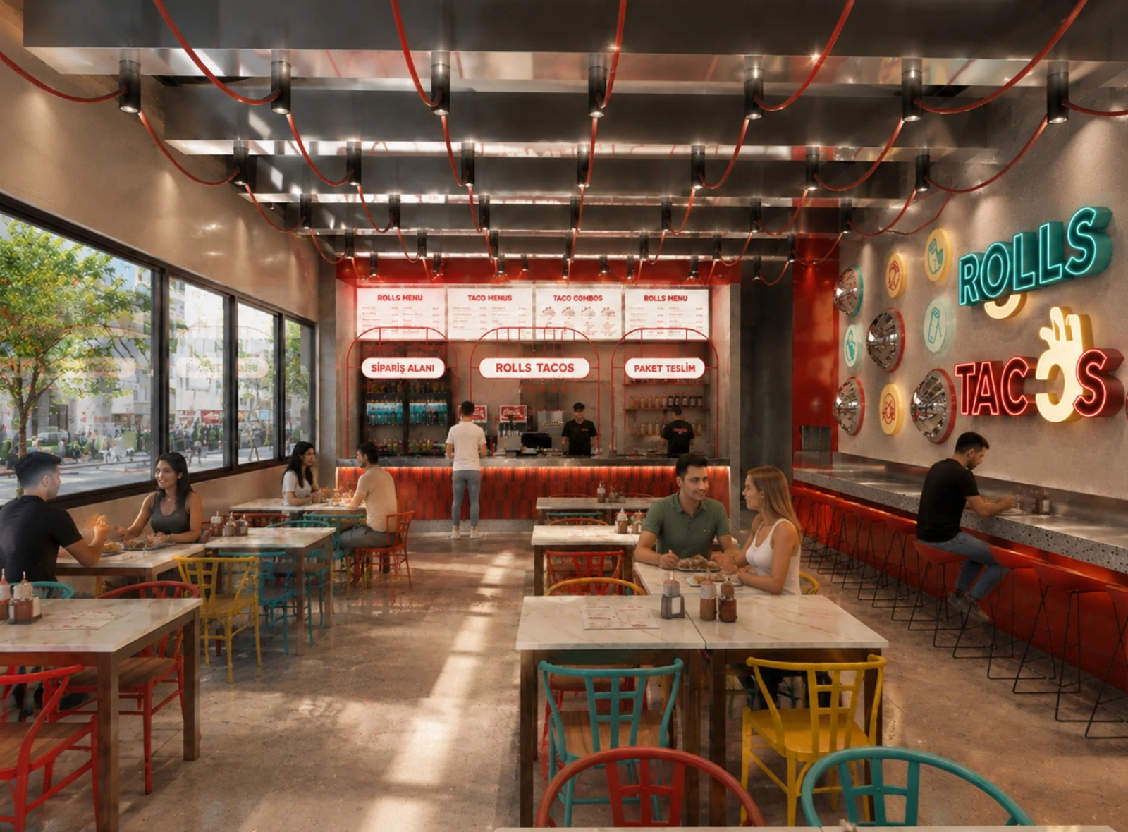 Rolls Tacos restoran iç mekânı ve servis alanı