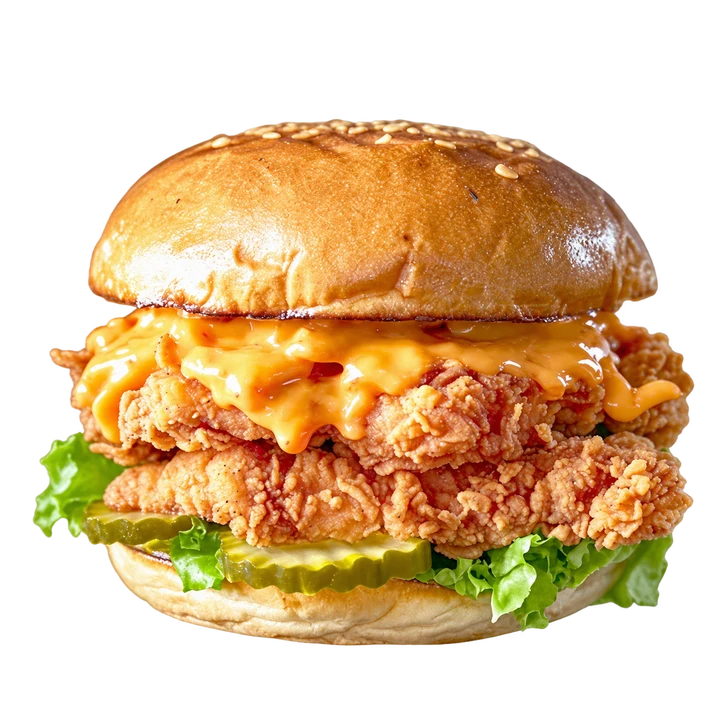Çıtır tavuk, cheddar ve taze sebzelerle hazırlanan burger
