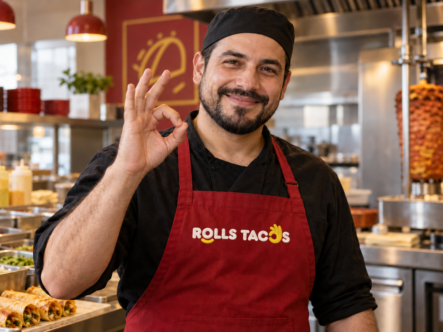 Rolls Tacos önlüğüyle iyi lezzet işareti yapan şef